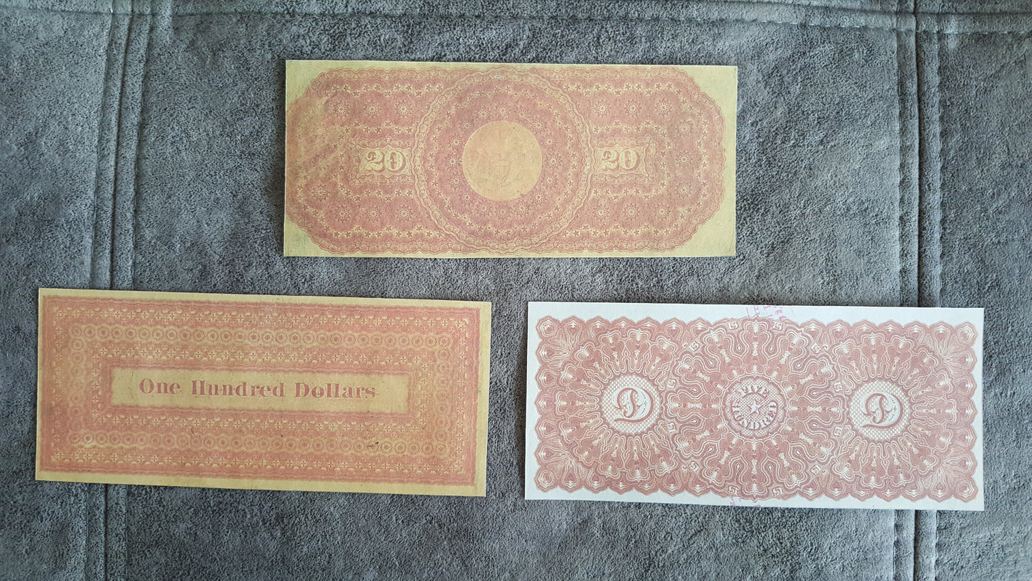 20 Dollar and 100 Dollar 1863 US Gold Certificates Reverse Side