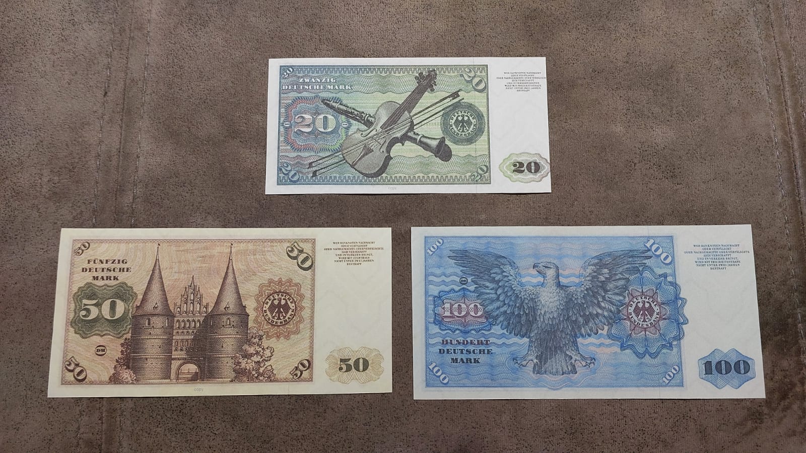 20, 50 and 100 Deutsche Mark 1960-1970 Banknotes Reverse Side