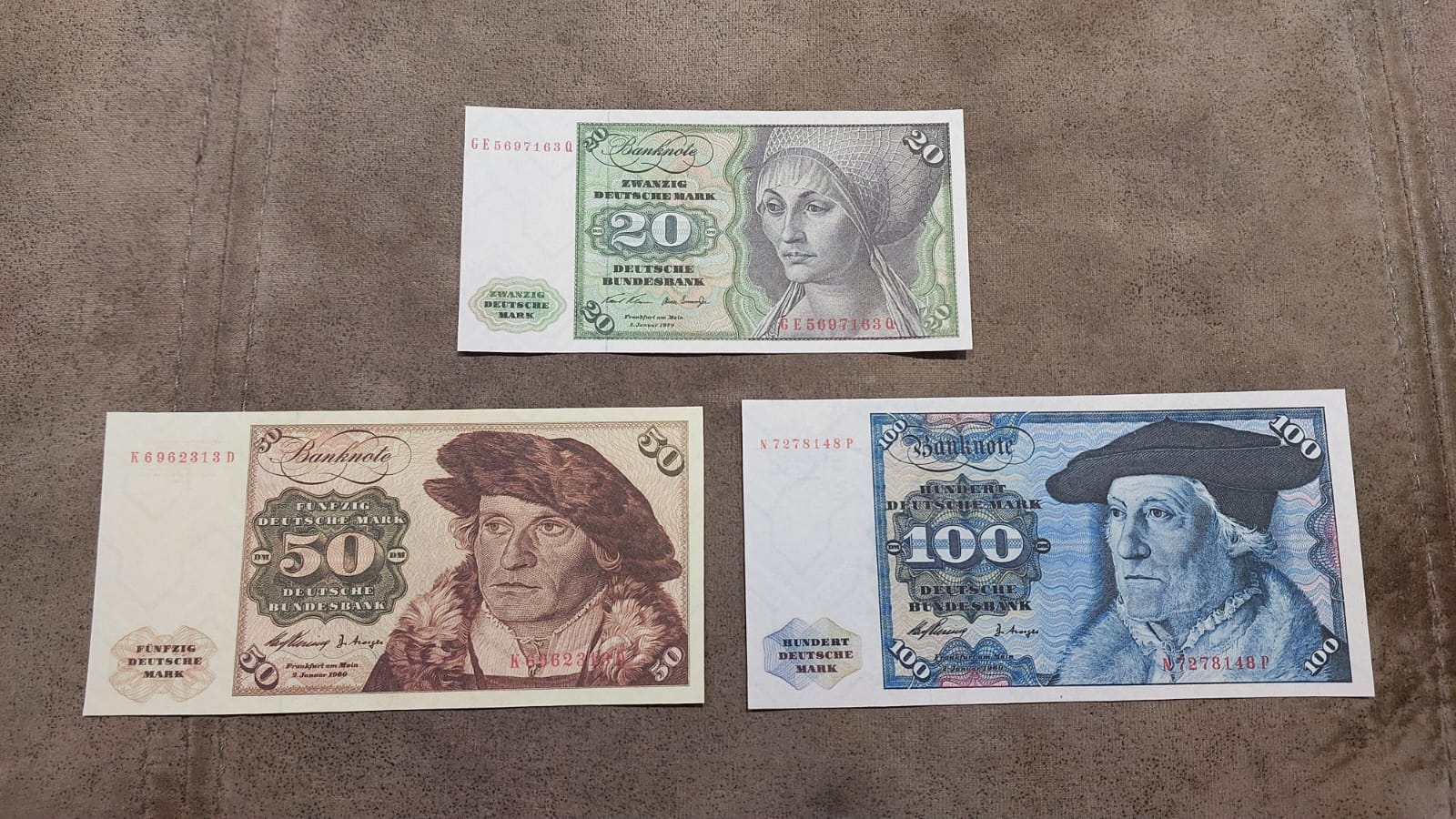20 Mark 1970, 50 Mark 1960 and 100 Mark 1960 Deutsche Mark Banknotes