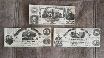 20 and 50 and 100 Dollar 1862 Confederate States Notes