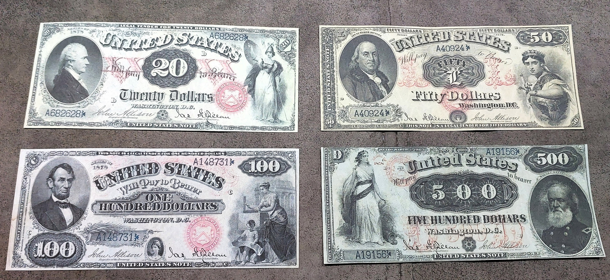 20 Dollar, 50 Dollar and 100 Dollar 1878 US legal tender