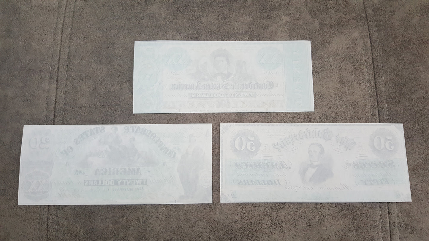 20 Dollar 1861 and 50 Dollar 1862 Confederate States Notes Reverse Side