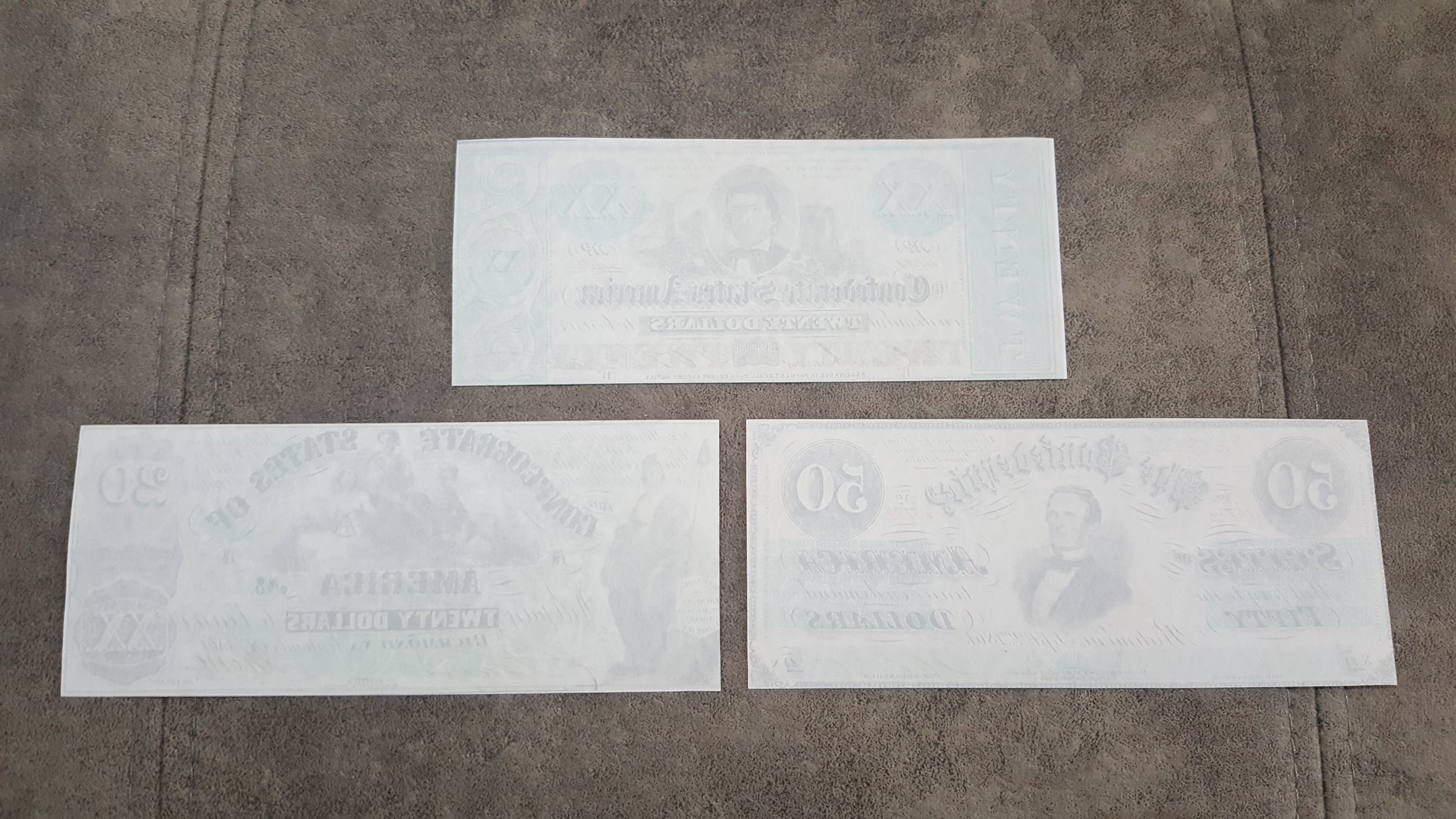 20 Dollar 1861 and 50 Dollar 1862 Confederate States Notes Reverse Side