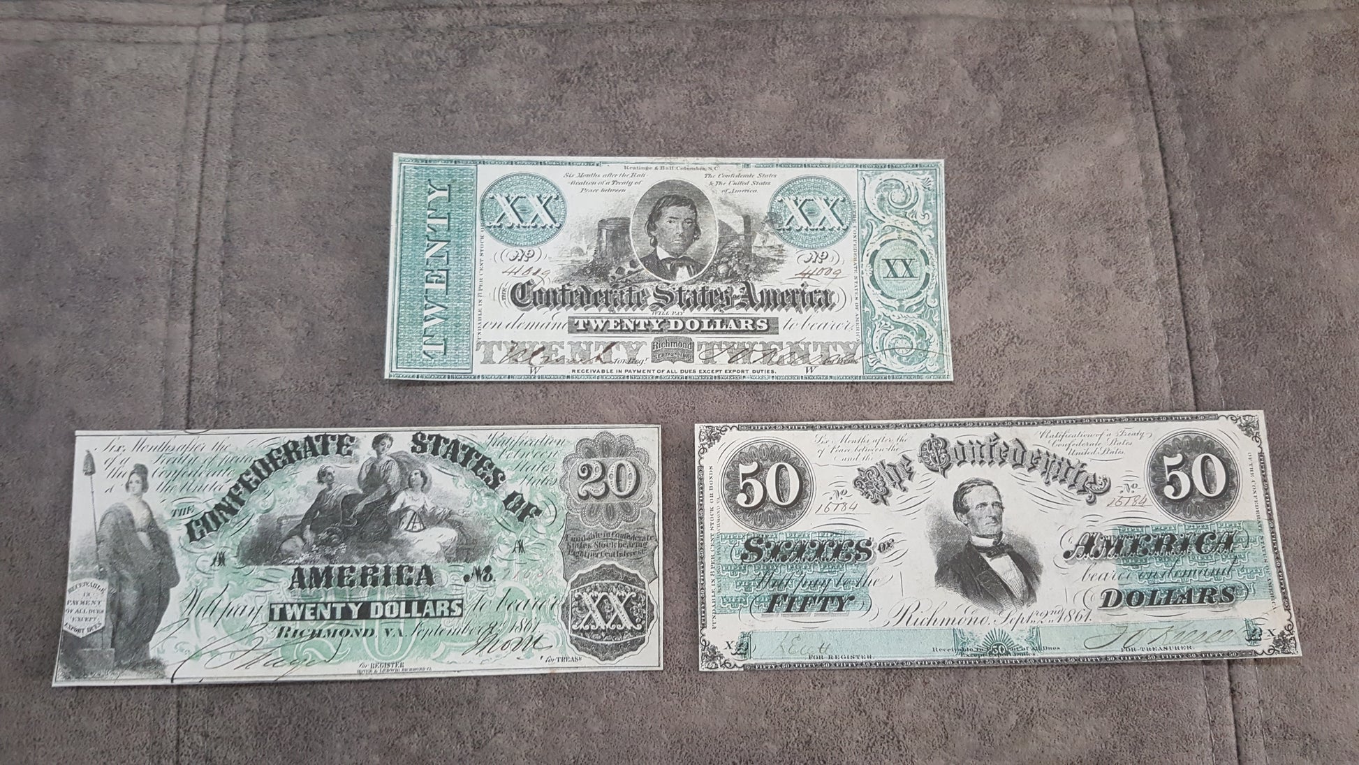 20 Dollar 1861 and 50 Dollar 1862 Confederate States Notes