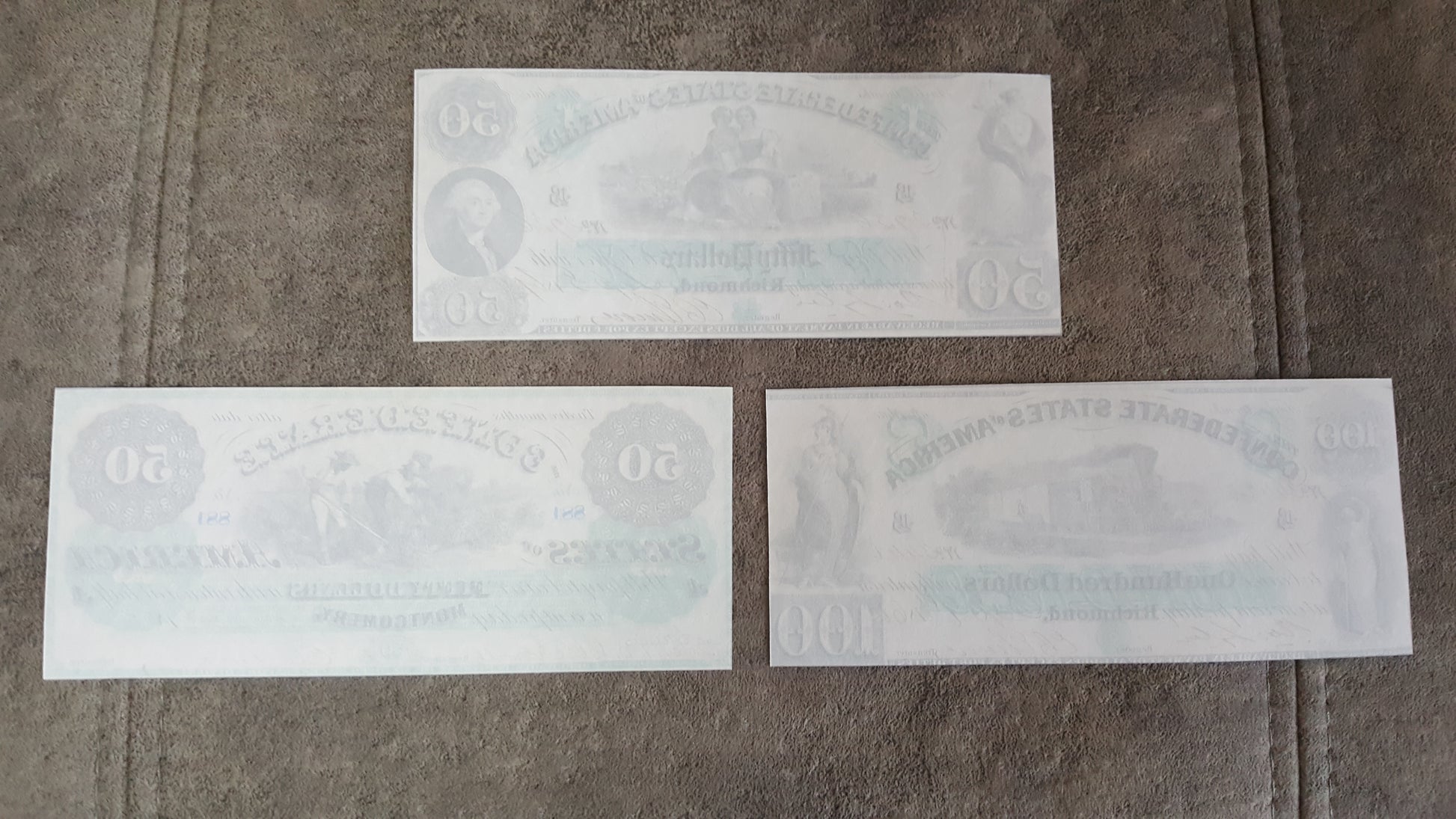 20 Dollar and 50 Dollar 1861 Confederate States Banknotes Reverse Side
