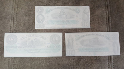 20 Dollar and 50 Dollar 1861 Confederate States Banknotes Reverse Side