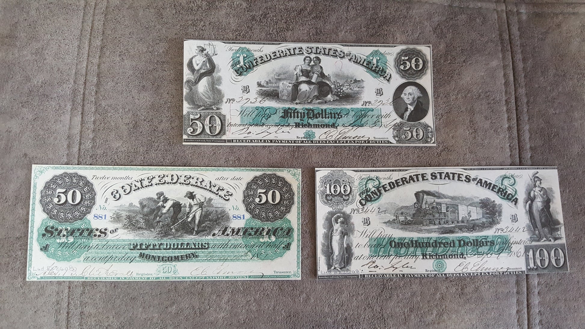 20 Dollar and 50 Dollar 1861 Confederate States Banknotes