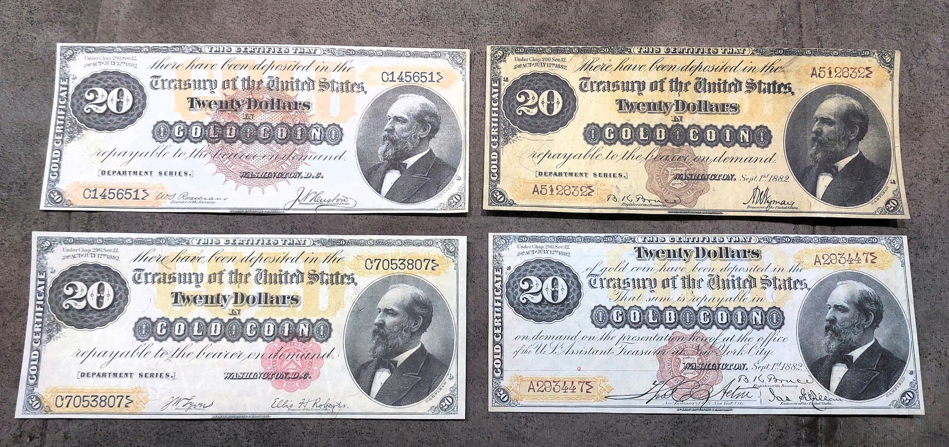 20 Dollar 1882 US Gold Certificate Big Brown Sun, Small Red and Brown Flower Seals