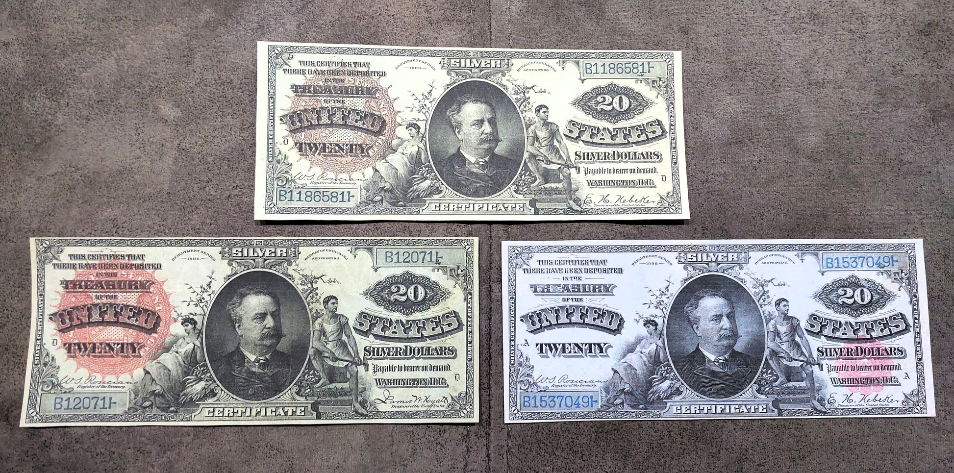 20 Dollar 1886 US Silver Certificate Big Brown, Big Red and Small Red Circle Seals