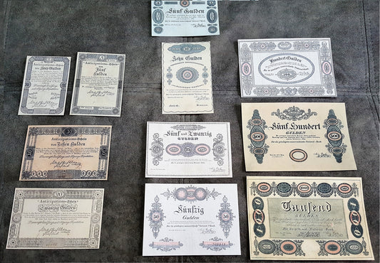 Reprint on paper with W/M Austria Banknotes 1813 - 1825 year. FREE SHIPPING