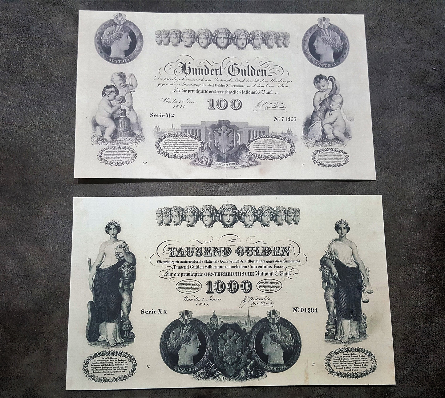 Reprint on paper with W/M Austria Banknotes 1833-1841 years. FREE SHIPPING