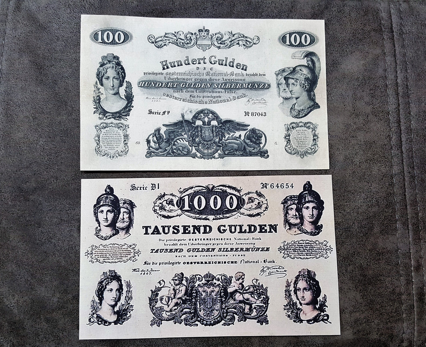 Reprint on paper with W/M Austria Banknotes 1847-1848 years. FREE SHIPPING