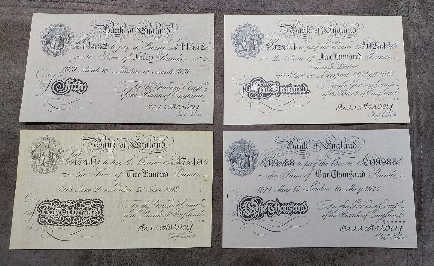 Reprint on paper with W/M England  5 - 1000 Pound 1918-1925 y. UK FREE SHIPPING!