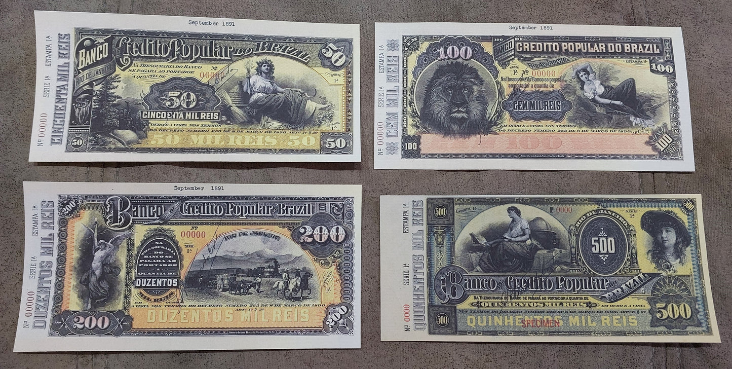 Reprint on paper with W/M Nice Brazil banknotes 1866 - 1891 y.  FREE SHIPPING !