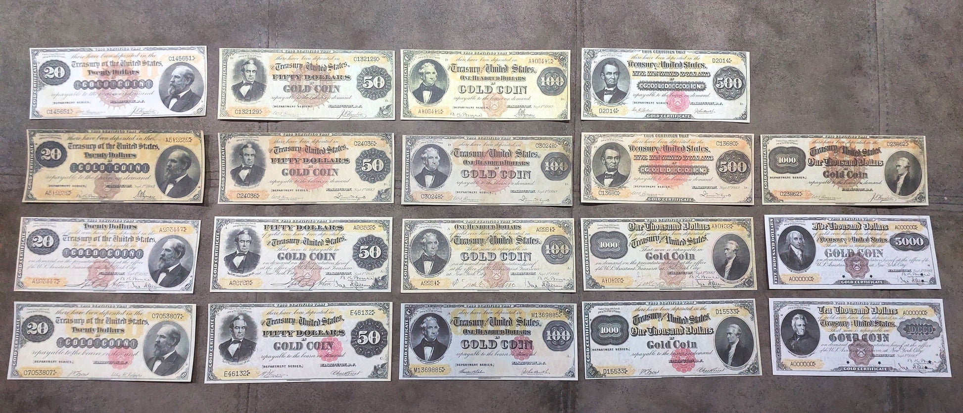 US 1882 Gold Certificate All Types Set (19 Bills)