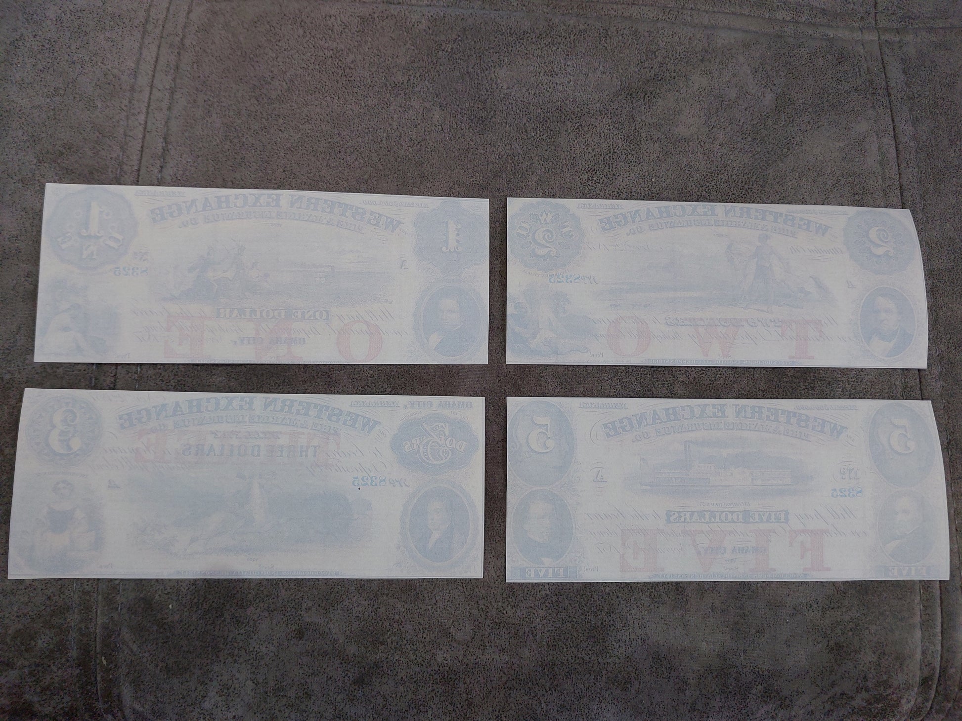3 Dollar South Carolina Rail Road and 5 Dollar Citizens Bank Notes Reverse Side