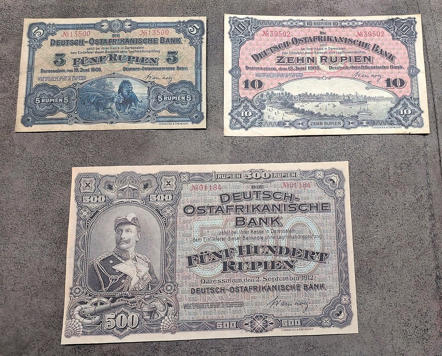 Reprint on paper with W/M German East Africa 5, 10, 50, 100, 500 Rupien 1905 NEW