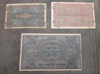 Reprint on paper with W/M German East Africa 5, 10, 50, 100, 500 Rupien 1905 NEW