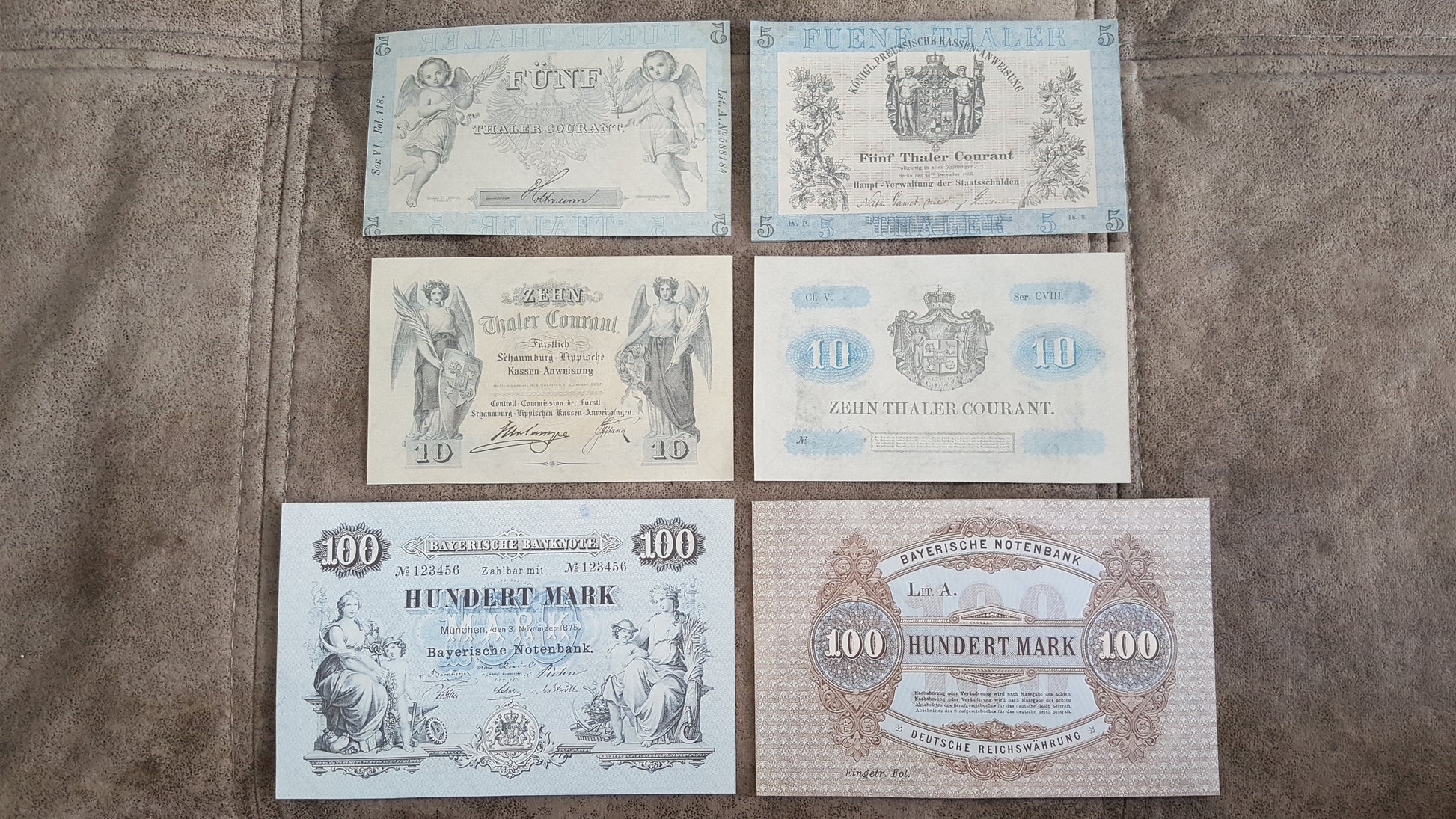 5 Thaler 1856, 10 Thaler 1857 and 100 Thaler 1875 Old German States Banknotes