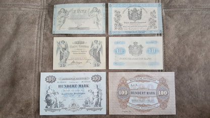 5 Thaler 1856, 10 Thaler 1857 and 100 Thaler 1875 Old German States Banknotes