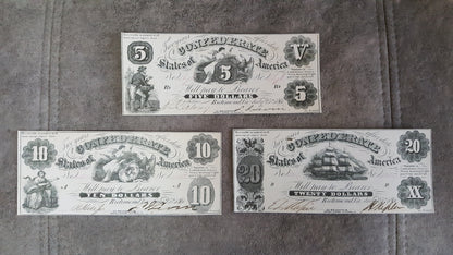 5 Dollar 10 and 20 Dollar 1861 Confederate States Banknotes
