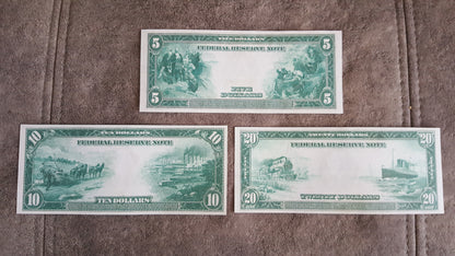 5, 10 and 20 Dollar 1914 US Federal Reserve Notes Reverse Side