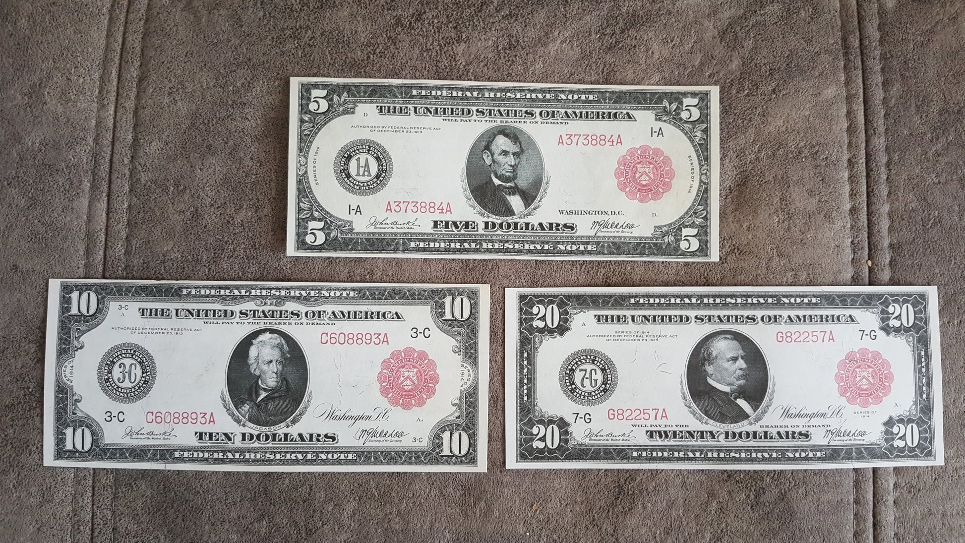 5 Dollar Lincoln, 10 Dollar Hamilton and 20 Dollar Jackson 1914 Red Seal Federal Reserve Notes