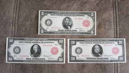 5 Dollar Lincoln, 10 Dollar Hamilton and 20 Dollar Jackson 1914 Red Seal Federal Reserve Notes