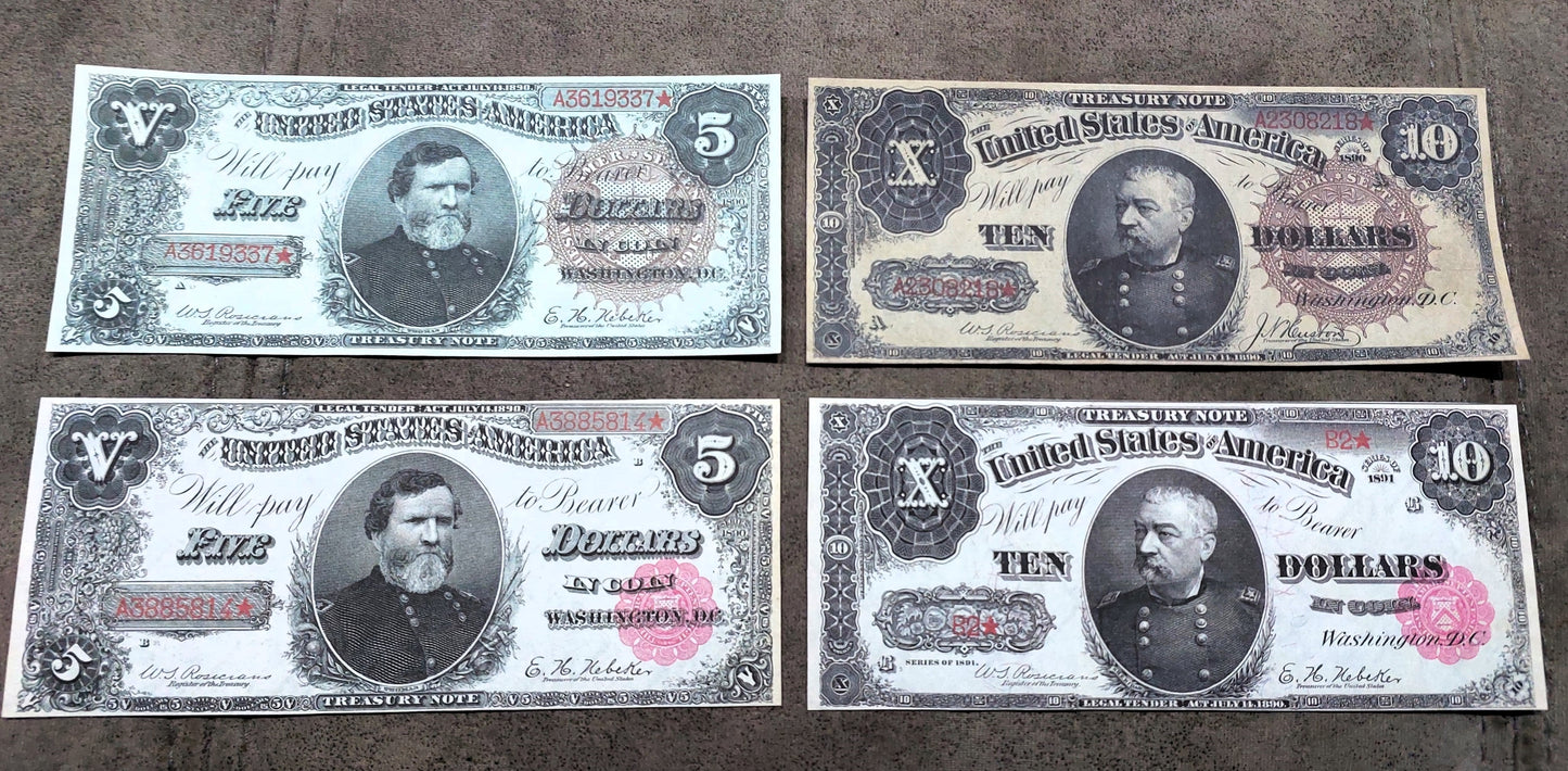 5 and 10 Dollar 1890 US Treasury Notes Big Brown Sun Seal and Small Red Flower Seal