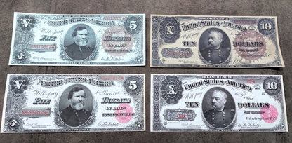 5 and 10 Dollar 1890 US Treasury Notes Big Brown Sun Seal and Small Red Flower Seal