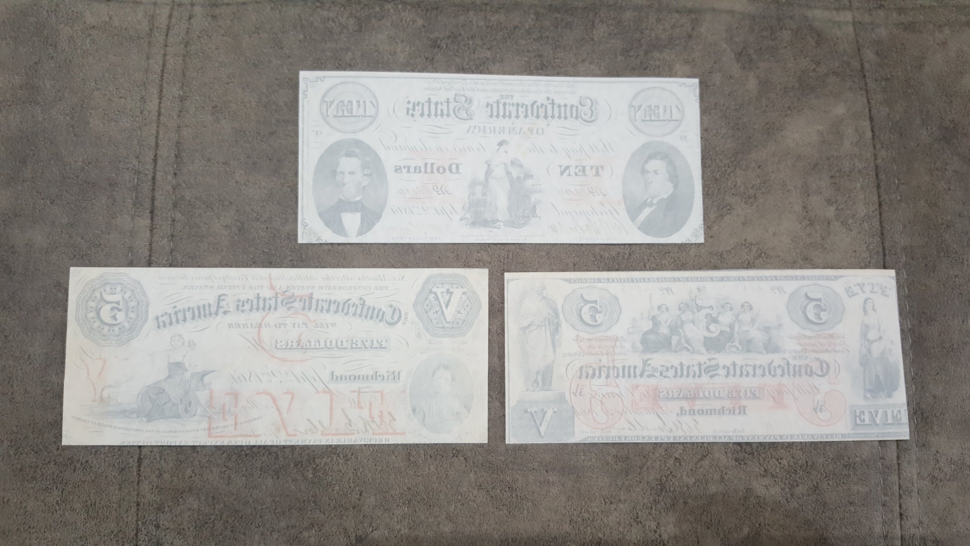 5 Dollar 1861 and 1861-1862 Confederate States Notes Reverse Side