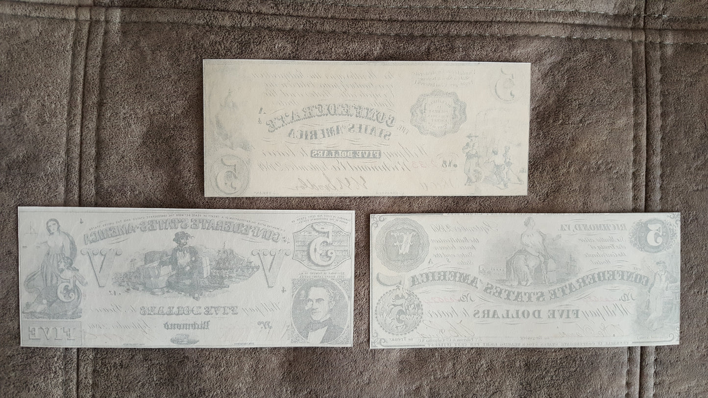 5 Dollar 1861 and 1862 Confederate States Notes Reverse Side
