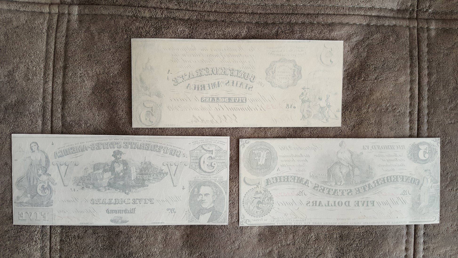 5 Dollar 1861 and 1862 Confederate States Notes Reverse Side