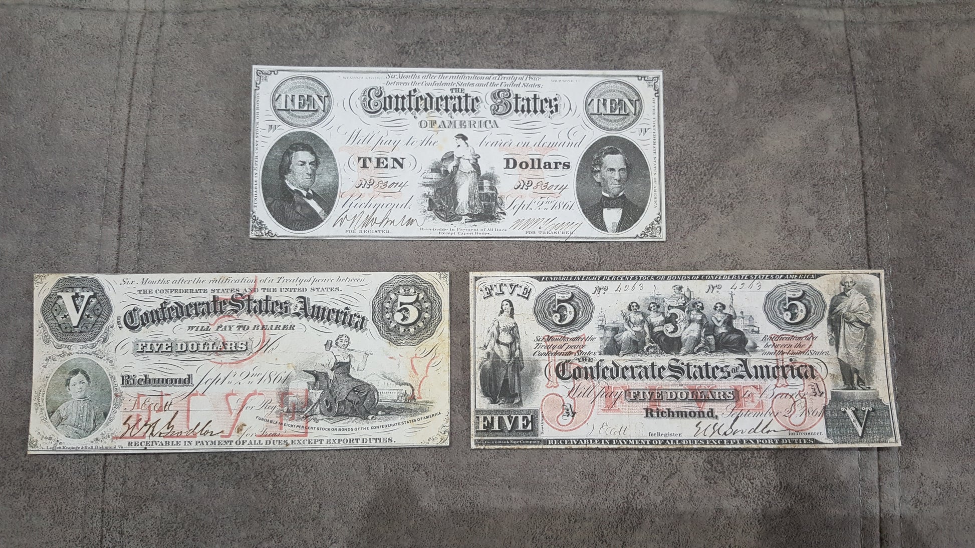5 Dollar 1861 and 1861-1862 Confederate States Notes Red Set