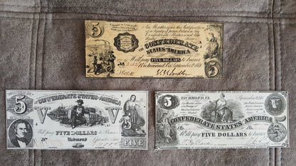 5 Dollar 1861 and 1862 Type A and Type B Confederate States Notes