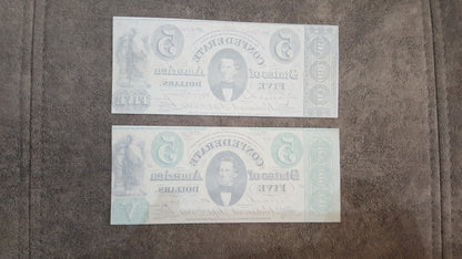 5 Dollar 1862 Confederate States Notes Reverse Side
