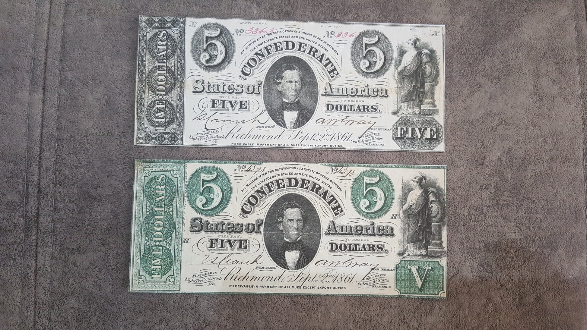 5 Dollar 1862 Type A and Type B Confederate States Notes Green Set