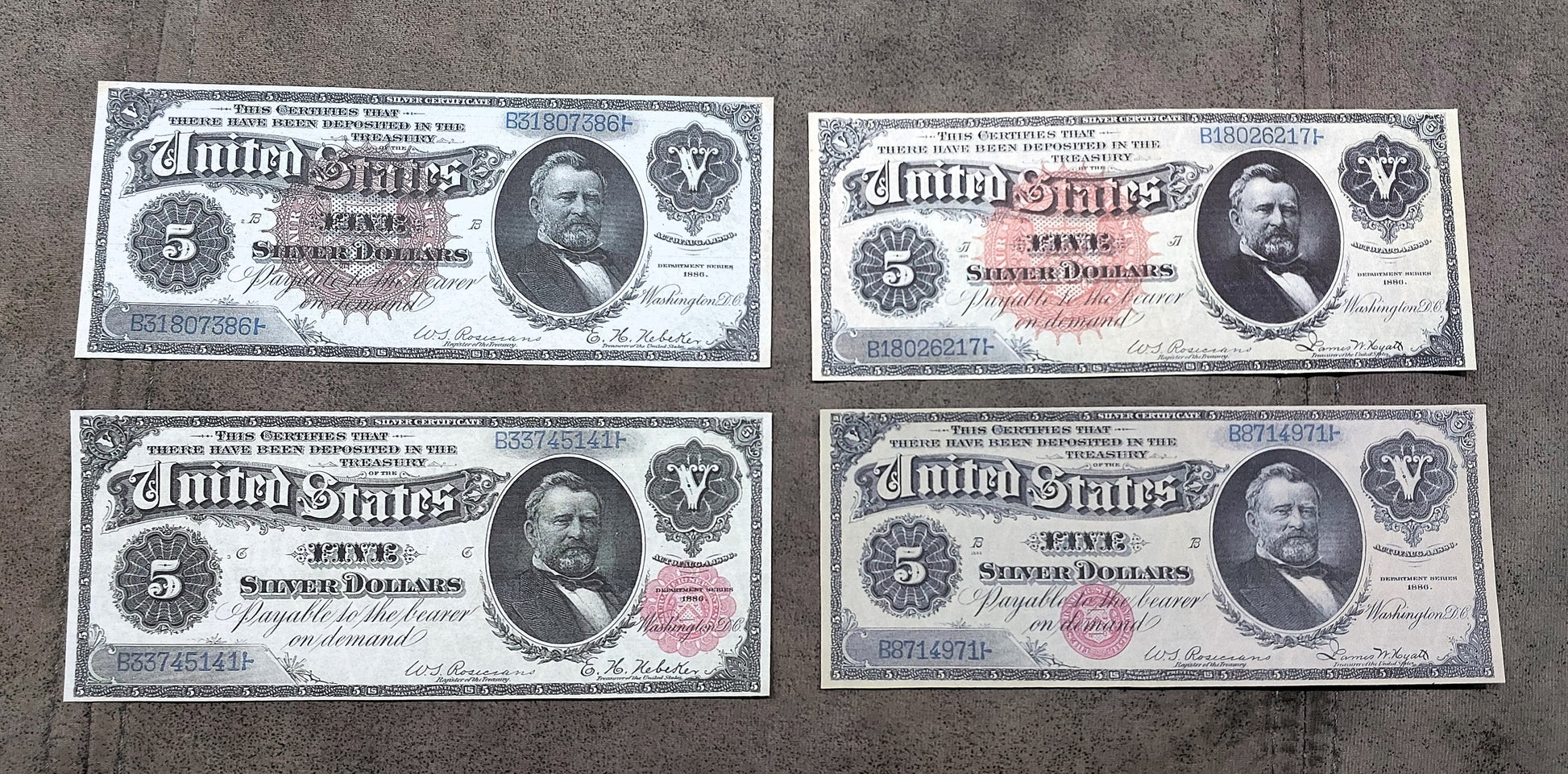 5 Dollar 1886 US Silver Certificate Big Brown, Big Red and Small Red Circle Seals