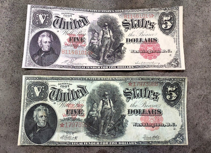 5 Dollar 1907 US Note Standard and Star Note Variety