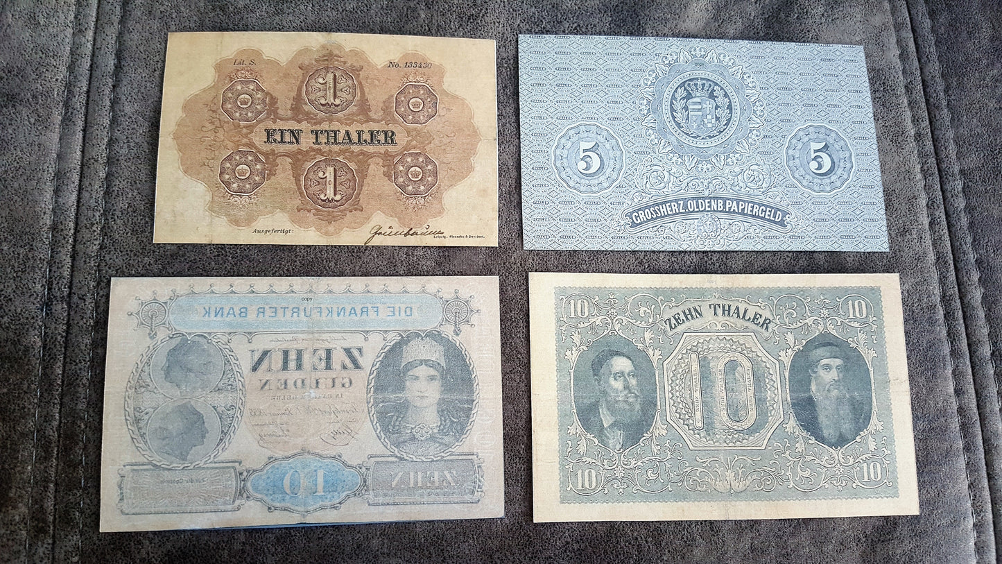 5 Thaler 1869 and 10 Thaler 1854 Old German States Historic Banknotes