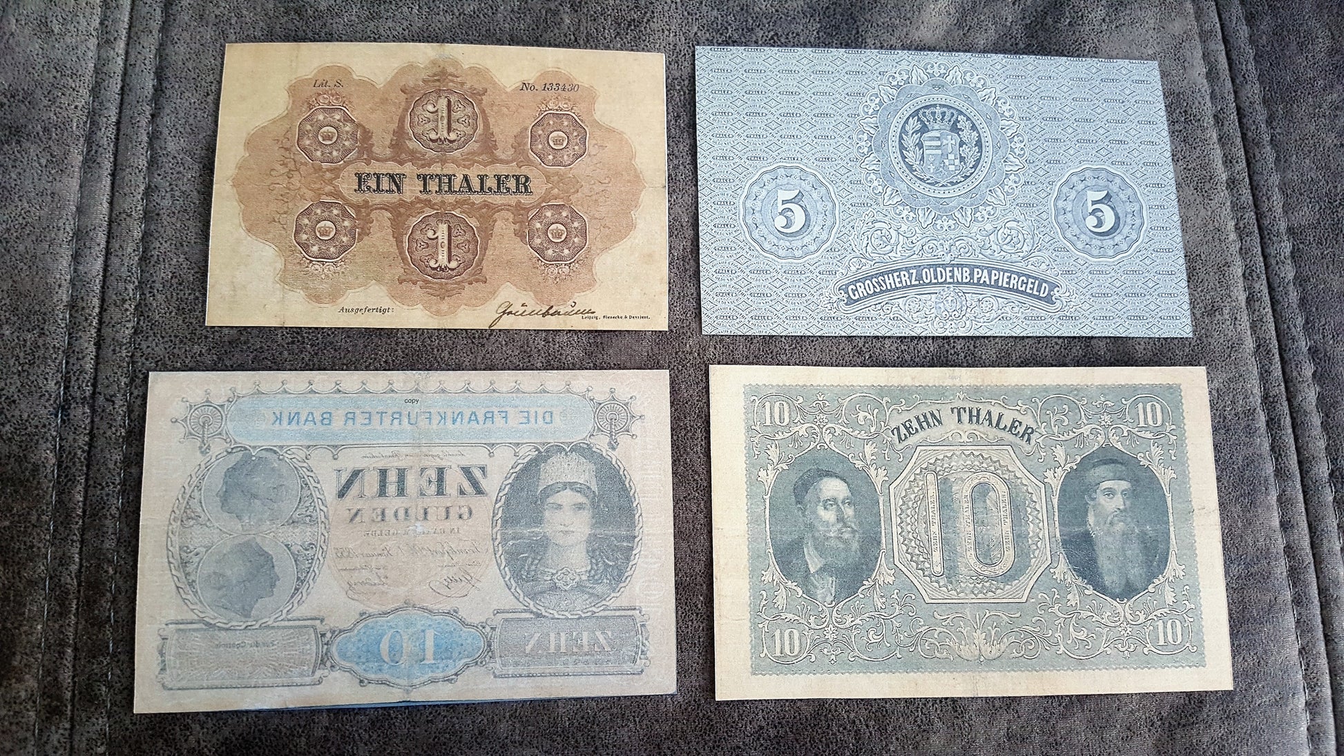 5 Thaler 1869 and 10 Thaler 1854 Old German States Historic Banknotes