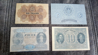 5 Thaler 1869 and 10 Thaler 1854 Old German States Historic Banknotes