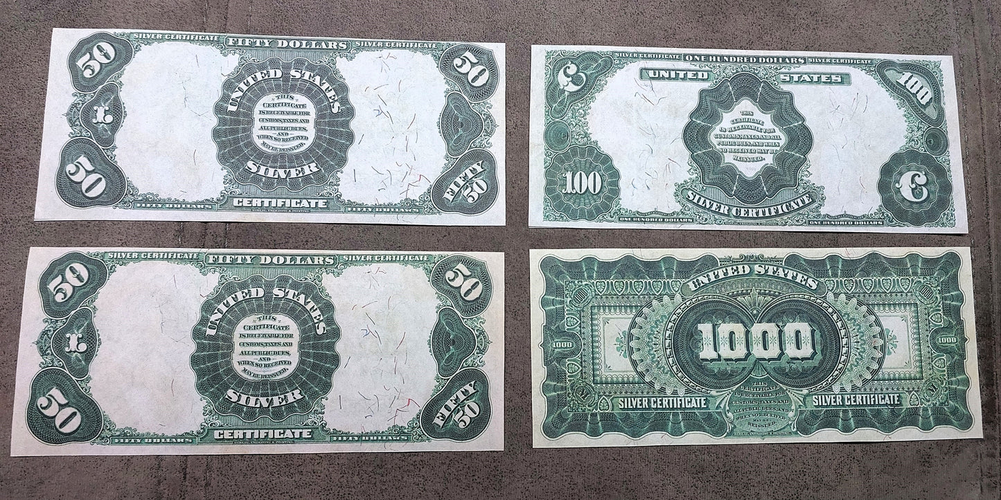 50 100 Dollar and 1000 Dollar 1891 High Denomination US Silver Certificates back