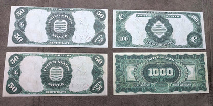 50 100 Dollar and 1000 Dollar 1891 High Denomination US Silver Certificates back
