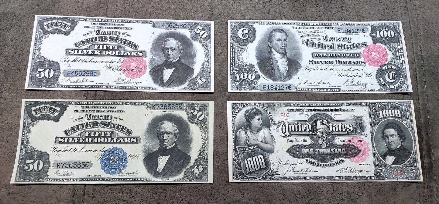 50 dollar 100 Dollar and 1000 Dollar 1891 High Denomination US Silver Certificates