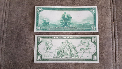 50 Dollar and 100 Dollar 1914 US Federal Reserve Notes Reverse Side