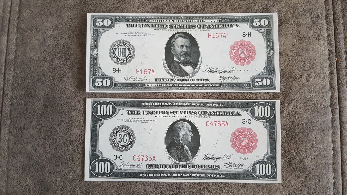50 Dollar Grant and 100 Dollar Franklin 1914 Red Seal Federal Reserve Notes