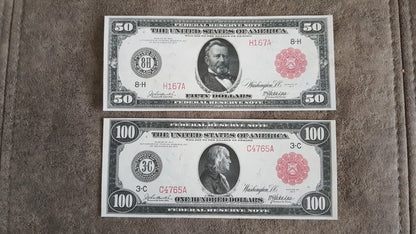 50 Dollar Grant and 100 Dollar Franklin 1914 Red Seal Federal Reserve Notes