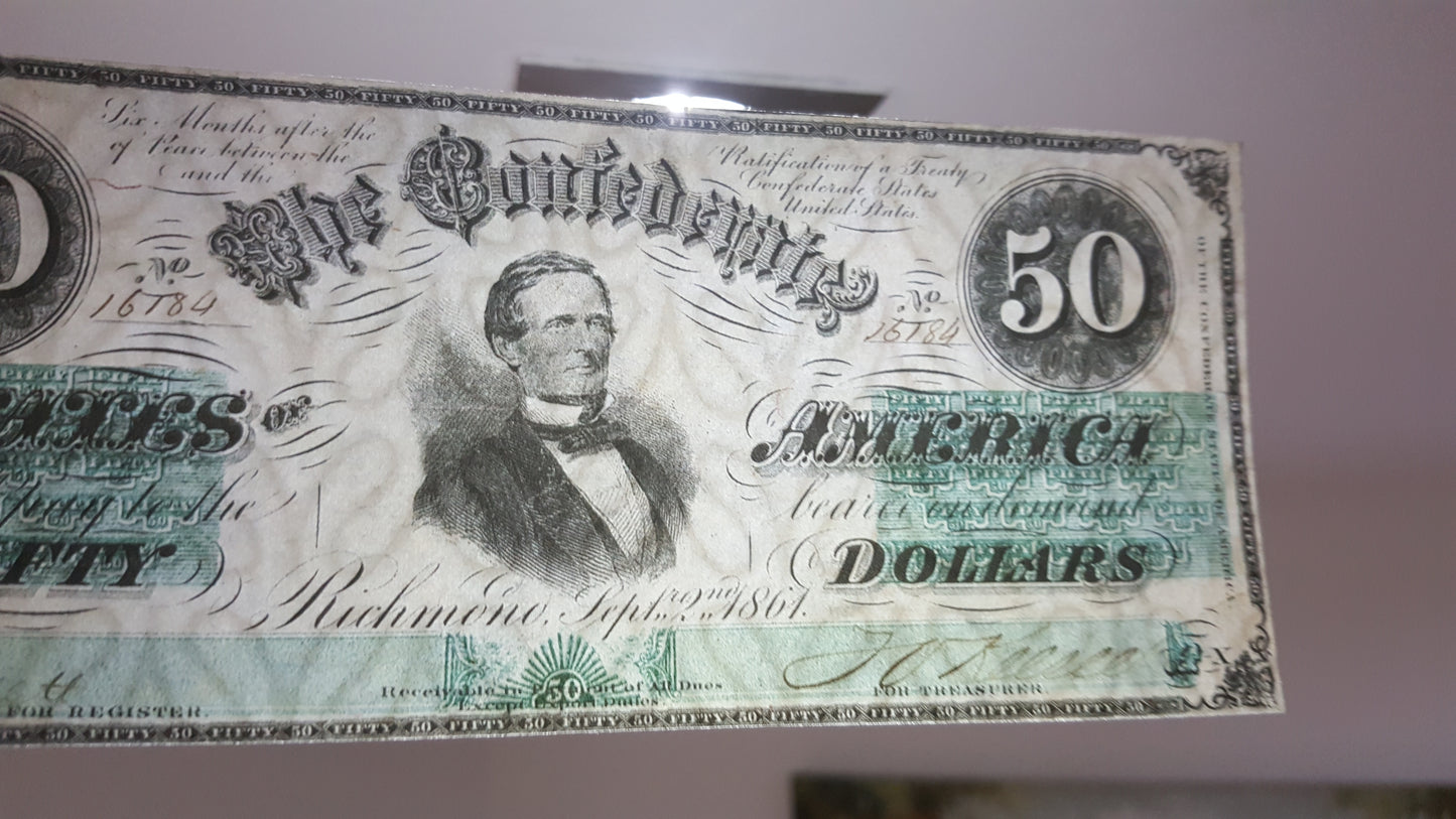 50 Dollar 1862 Confederate State Banknote Historic Design Close Up