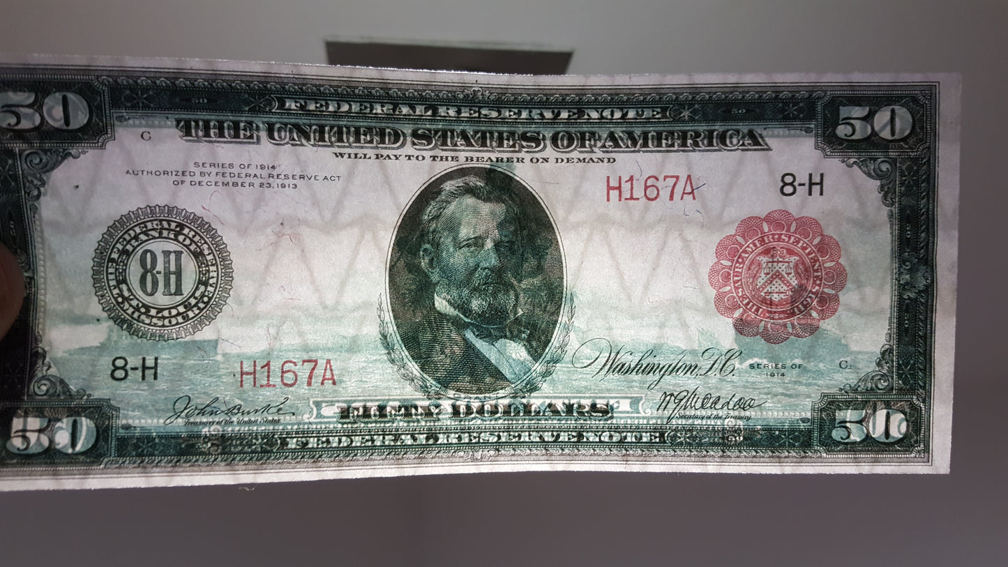 50 Dollar 1914 US Federal Reserve Note Red Serial Number Detail